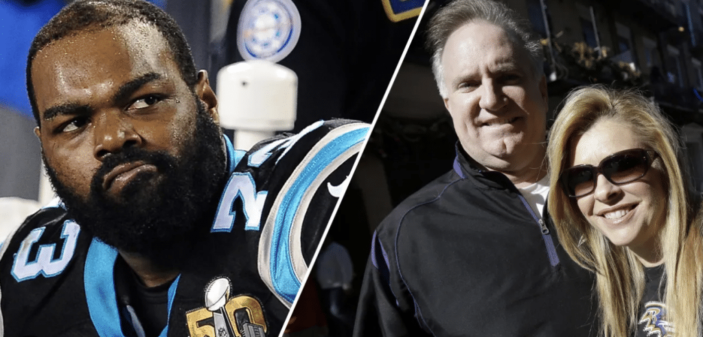 Michael Oher pictured on the left is in his NFL team uniform and grimacing. His alleged adoptive parents on the right smiling at the camera posing for a photo.