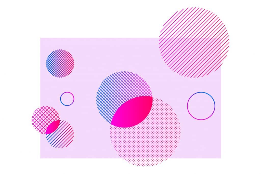 An abstract background of pink, purple, and blue circles dispersed across, around, above, and below a pink rectangle which is within a greater white background. The image is an element of Kantar's branding for the Brand Inclusion Index.