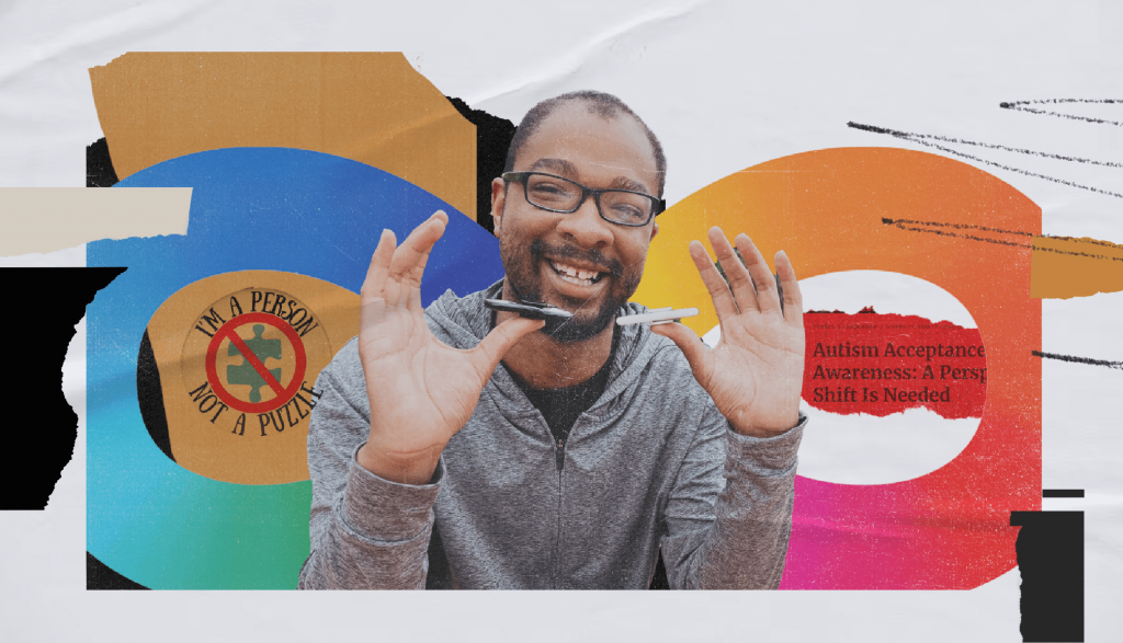 Collage of BIPOC male presenting person with fidget spinners and Large Autism Rainbow Infinity Sign behind.