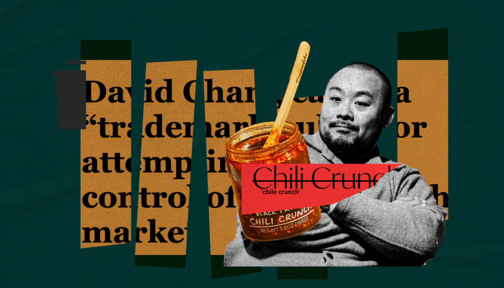 AndHumanity branded collage with an upset David Chang and a jar of his trademarked ‘Chili Crunch’. A headline ‘Chili crunch’ is crossed out.