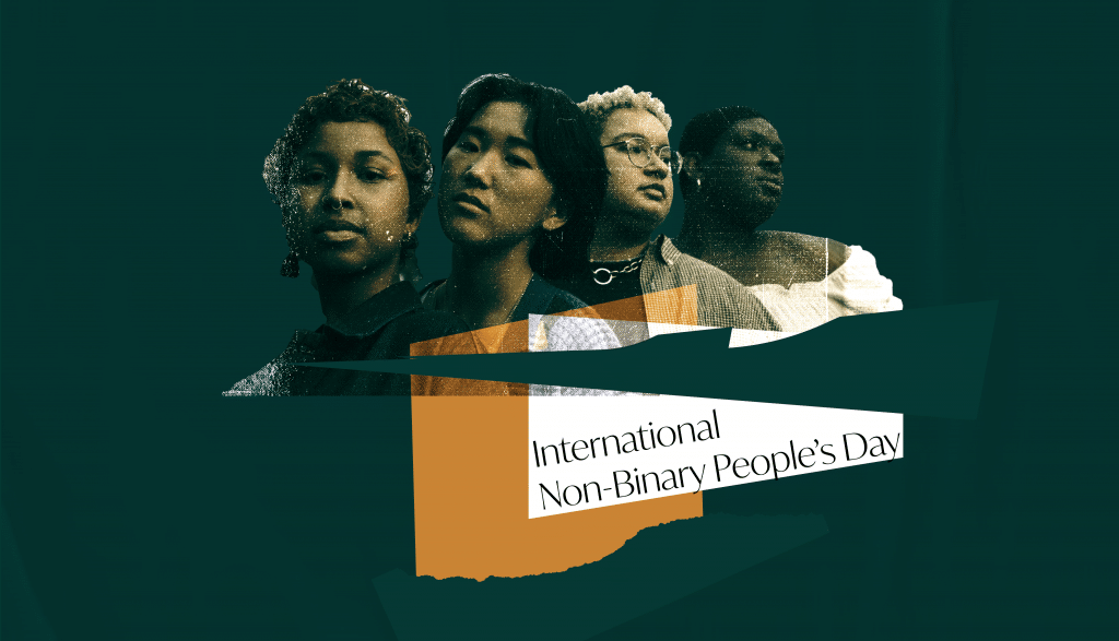 Collage with 4 non-binary friends posing. Text: “International Non-Binary People’s Day”