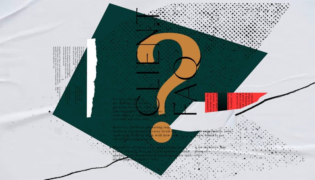 Collage with large question mark.