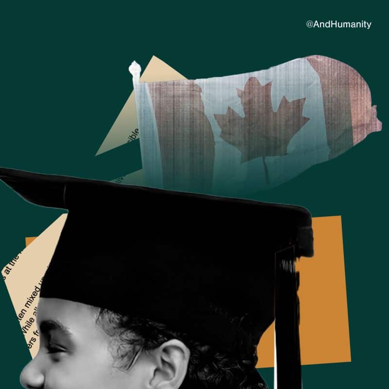This image centers on a young BIPOC graduate wearing a traditional black graduation cap with a flat top and a dangling tassel. Their face is in profile, and they are gazing slightly upward, suggesting ambition or hope for the future. The backdrop is an abstract composition, featuring a Canadian flag, its red maple leaf slightly obscured.