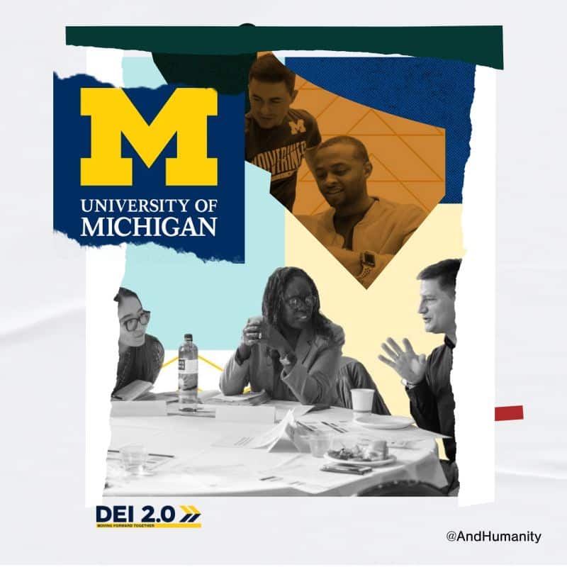 This image portrays a diverse group of individuals at the University of Michigan engaged in a discussion around a modern conference table. They represent various ages, genders, and ethnicities, symbolizing inclusivity and collaboration. The scene is layered with abstract graphic elements in vibrant colors like teal, orange, and muted purple, which provide a dynamic and modern aesthetic. Prominently placed within the design are the University of Michigan logo and the bold text “DEI 2.0: Moving Forward Together,” emphasizing the theme of advancing diversity, equity, and inclusion efforts. The design blends real-life imagery with graphic elements, highlighting unity and progress.