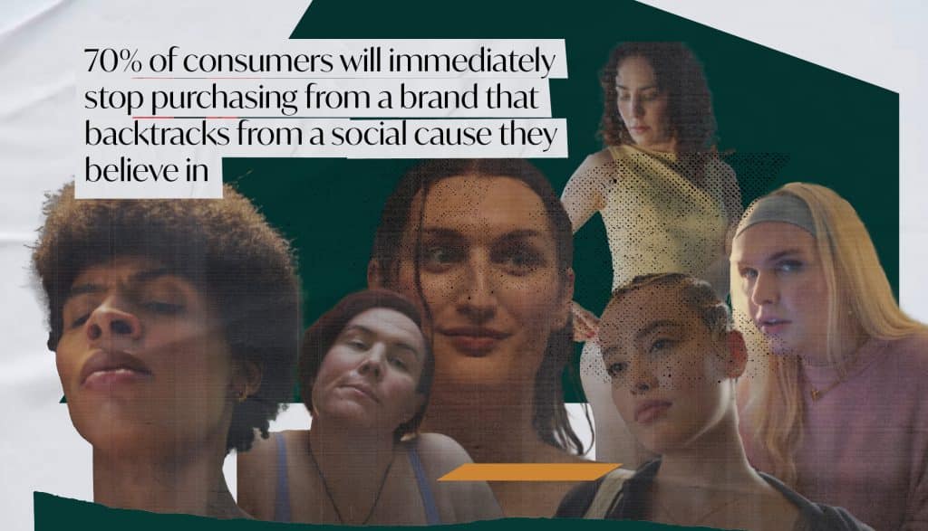 A collage-style graphic features diverse faces of women, overlaid with text. The text, in a bold sans-serif font, states: "70% of consumers will immediately stop purchasing from a brand that backtracks from a social cause they believe in." The collage consists of various photographic portraits of people with different genders, ethnicities, hair styles, and expressions. The people's faces and upper bodies are prominently featured. Some are looking directly ahead, while others have a more contemplative or pensive expression. Various shades of skin tones are represented. The background is a mottled dark teal or forest green, with irregular shapes and some overlaid patterns. A light, muted tan or beige horizontal band is visible near the bottom.
