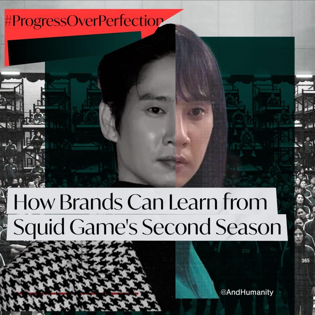 A split-image graphic features two portraits of the actor, Park Sung-Hoon as a man (left) and him playing a trans women in the Squid Games Netflix series (right). The bold headline reads: "How Brands Can Learn from Squid Game's Second Season." Background elements form a collage of staged scenes, evoking the show's environment. The hashtag "hashtag#ProgressOverPerfection" stands out prominently, emphasizing the message. Additional design elements, such as small blurred numbers and labels, add texture to the composition.