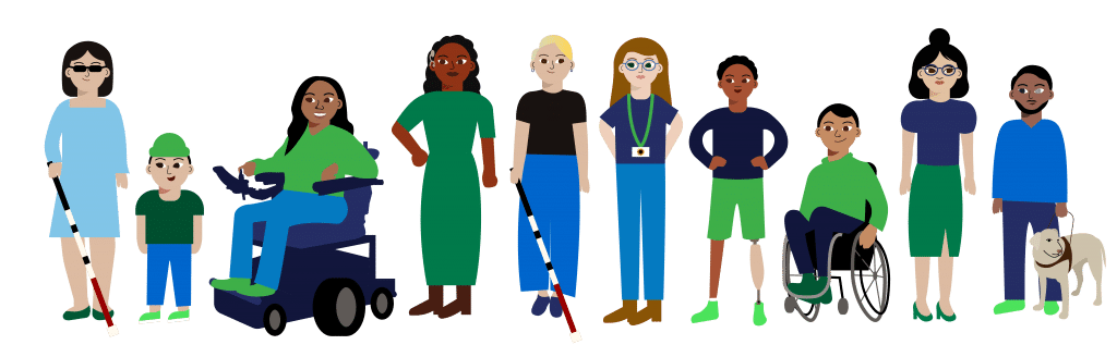 An illustration of various individuals including Black man using a wheelchair, an Asian woman with a white cane, a Latiné Little Person, a Black woman using a power chair, a white woman with a sunflower lanyard for Autism, and a Black amputee with a prosthetic leg. A white non-binary person with low vision, an Asian woman with a non-apparent disability, a Hispanic man using a wheelchair, a South Asian man with a service animal, a Black woman with a cochlear implant, and a white Little Person.