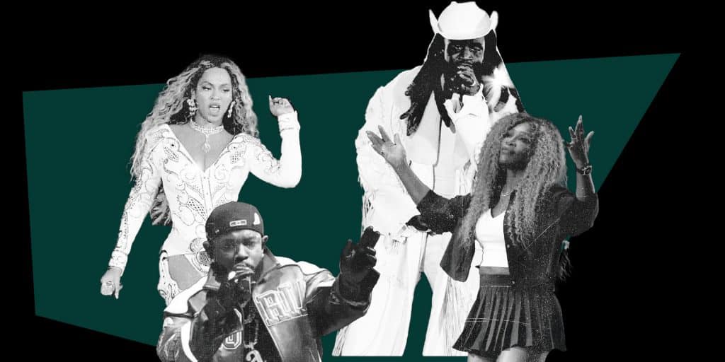 Collage image of Beyoncé, Shaboozey, Kendrick Lamar, and Serena Williams.