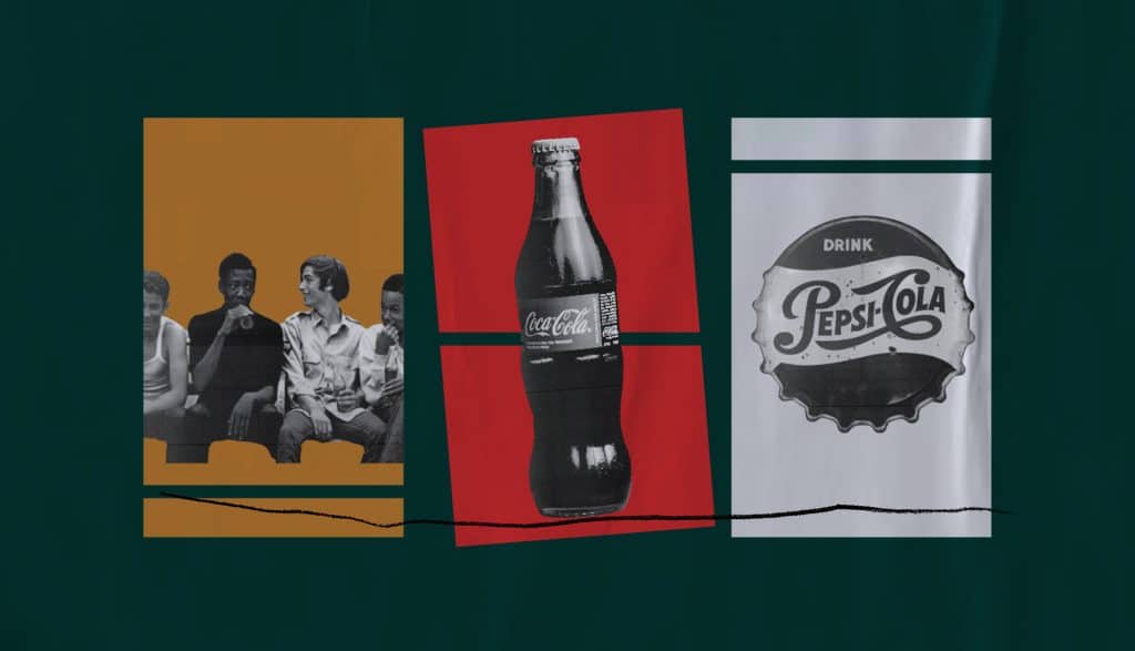 Triptych showing a vintage Pepsi-Cola ad, a Coca-Cola bottle, and another vintage Pepsi-Cola ad.