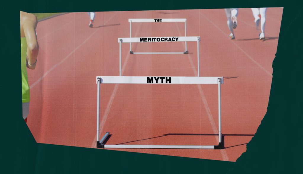 An image of hurdles with writing on them that says "The Meritocracy Myth" on a branded AndHumanity background