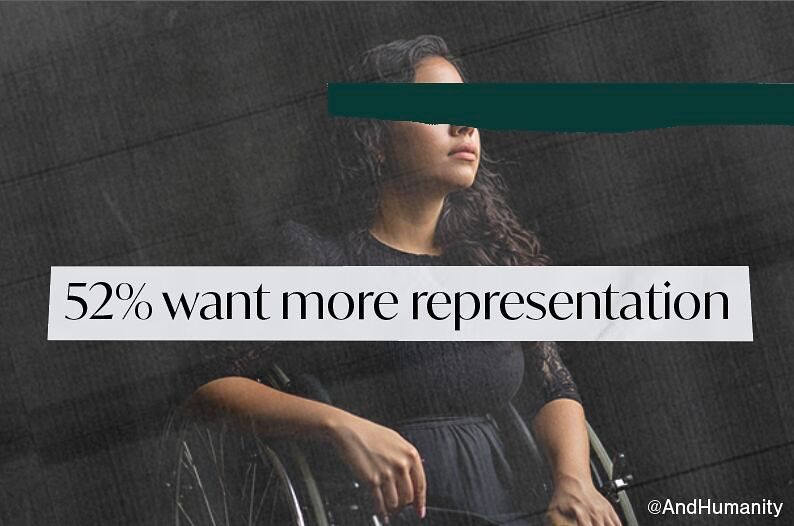 A woman in a wheelchair is the central focus of the image. She appears to be of Latinx descent, with dark brown hair cascading down her back.
