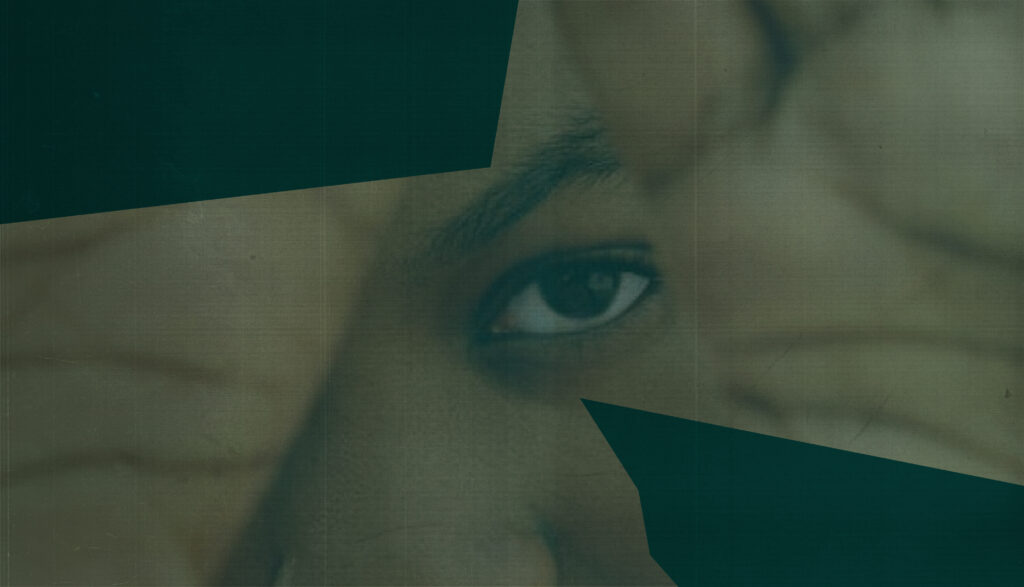 Artistic close-up of a brown eye with green tint and black geometric overlays symbolizing authentic inclusion and trust.