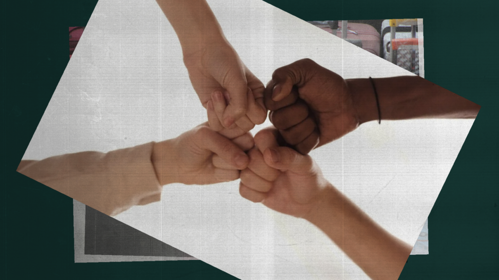 Four diverse hands join together in a unified fist bump, on a white and dark green background.