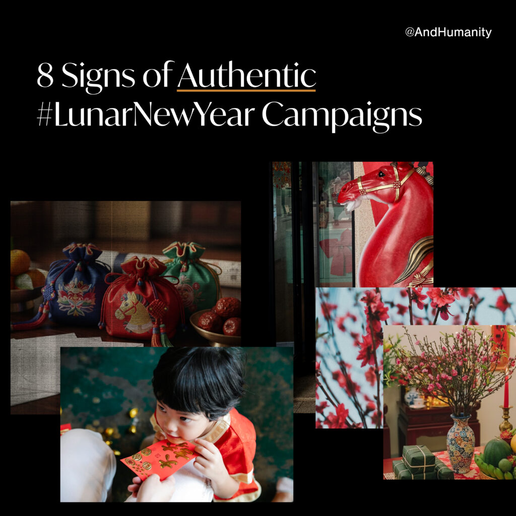 A collage featuring festive Lunar New Year imagery, including red and green embroidered pouches, cherry blossoms, a red horse statue, and a child receiving a red envelope, with the text "8 Signs of Authentic #LunarNewYear Campaigns" by @AndHumanity.
