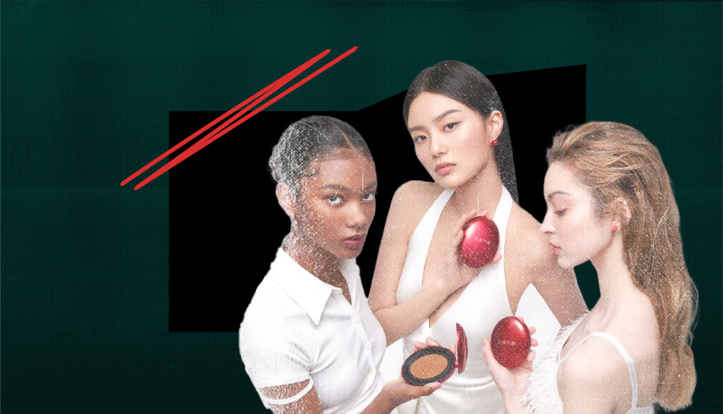 Three feminine-presenting people of diverse ethnicities posing with red TIRTIR cushion foundation compacts against a dark teal and black background with decorative red diagonal lines.
