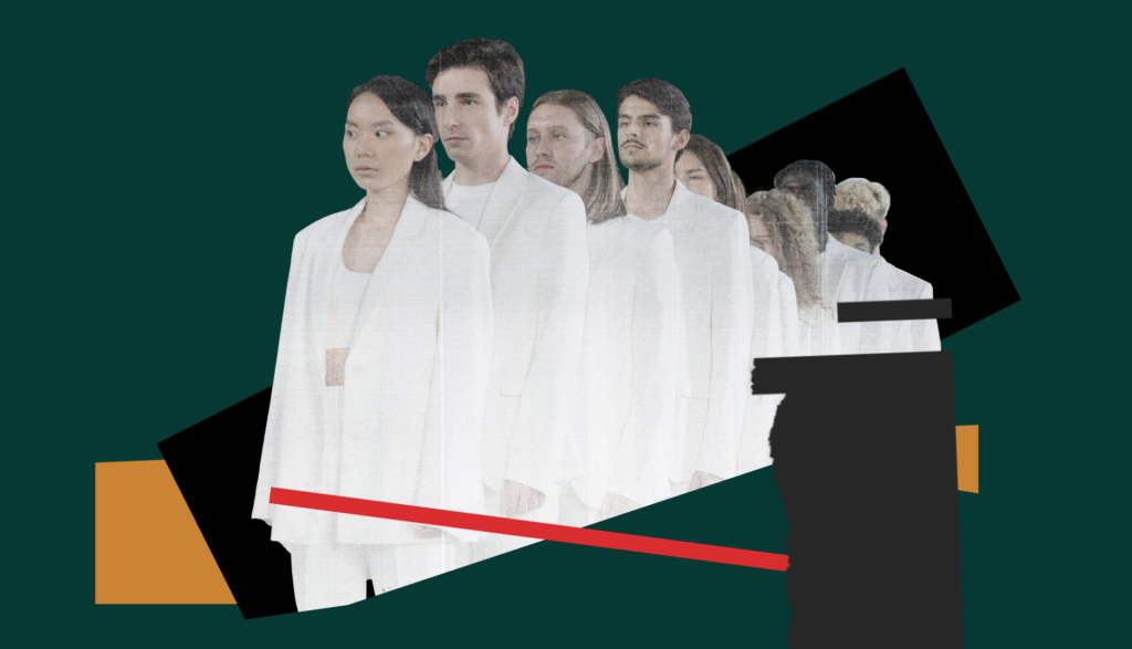 A diverse group of people in matching white suits in a line on a green and black geometric background with a red line.