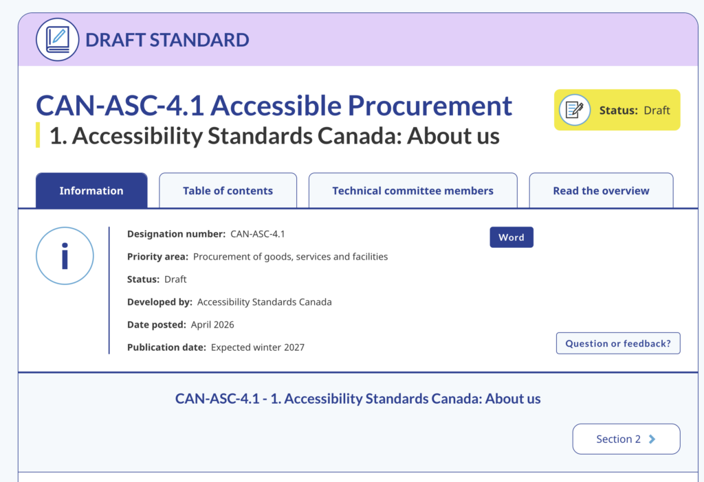 A webpage screenshot of the draft standard CAN-ASC-4.1 for Accessible Procurement by Accessibility Standards Canada.